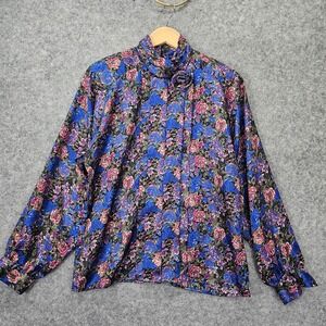 Vintage Secretary Blouse Womens L Blue Floral Rosette 80s Mod Whimsy ERENA 20x25